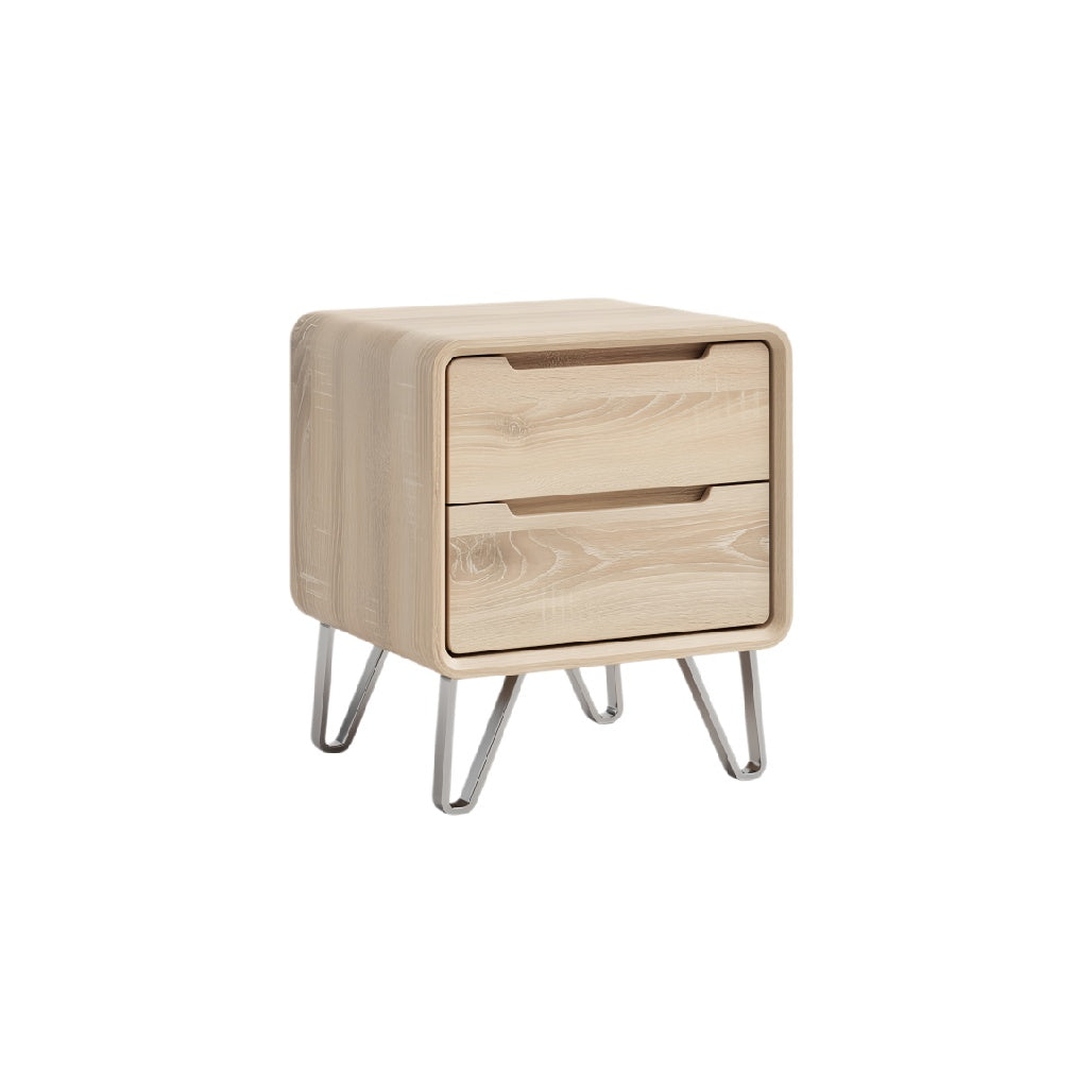 Modern Wooden Nightstand with Metal Legs and Two Drawers
